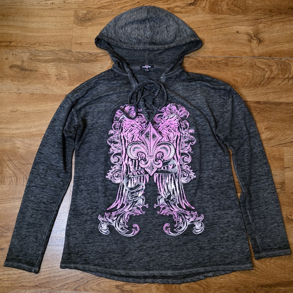 Ransom Y2K Grey & Pink Glitter Graphic Hooded Long Sleeve